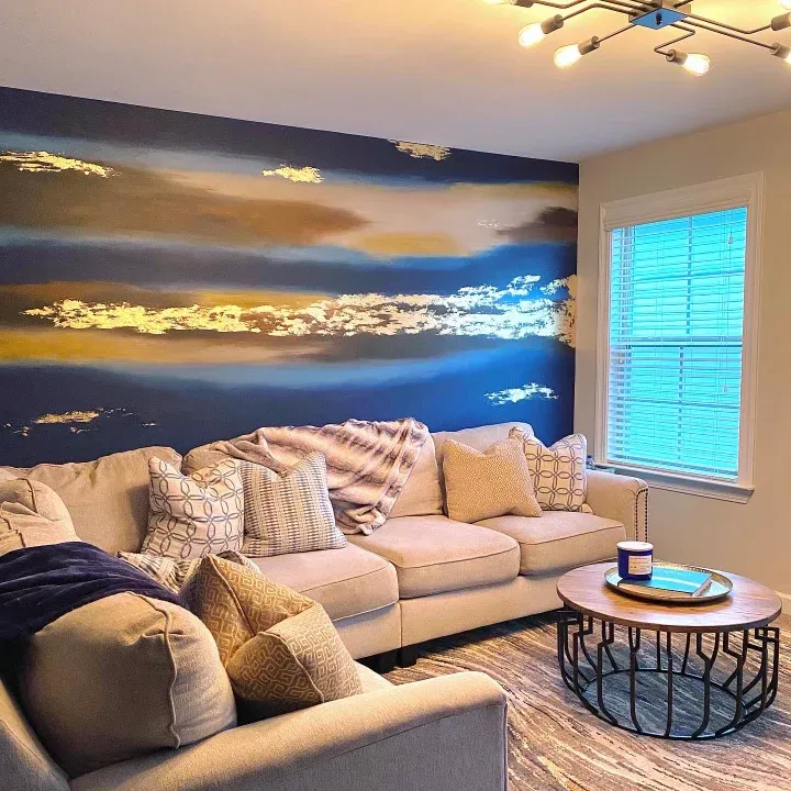 Navy, bronze and gold living room mural