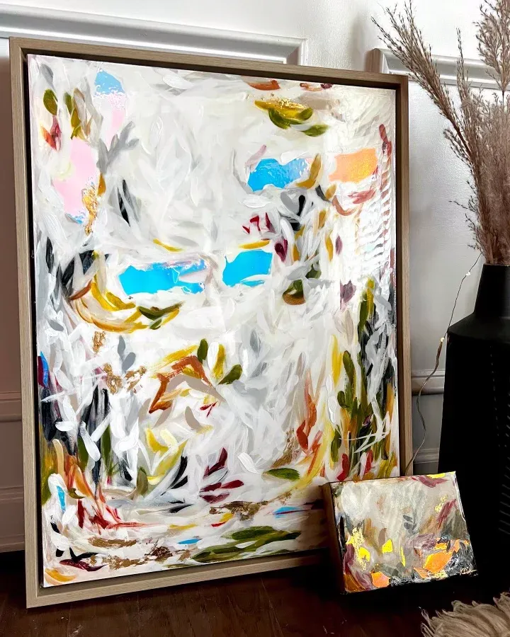 White abstract with gold leaf, framed