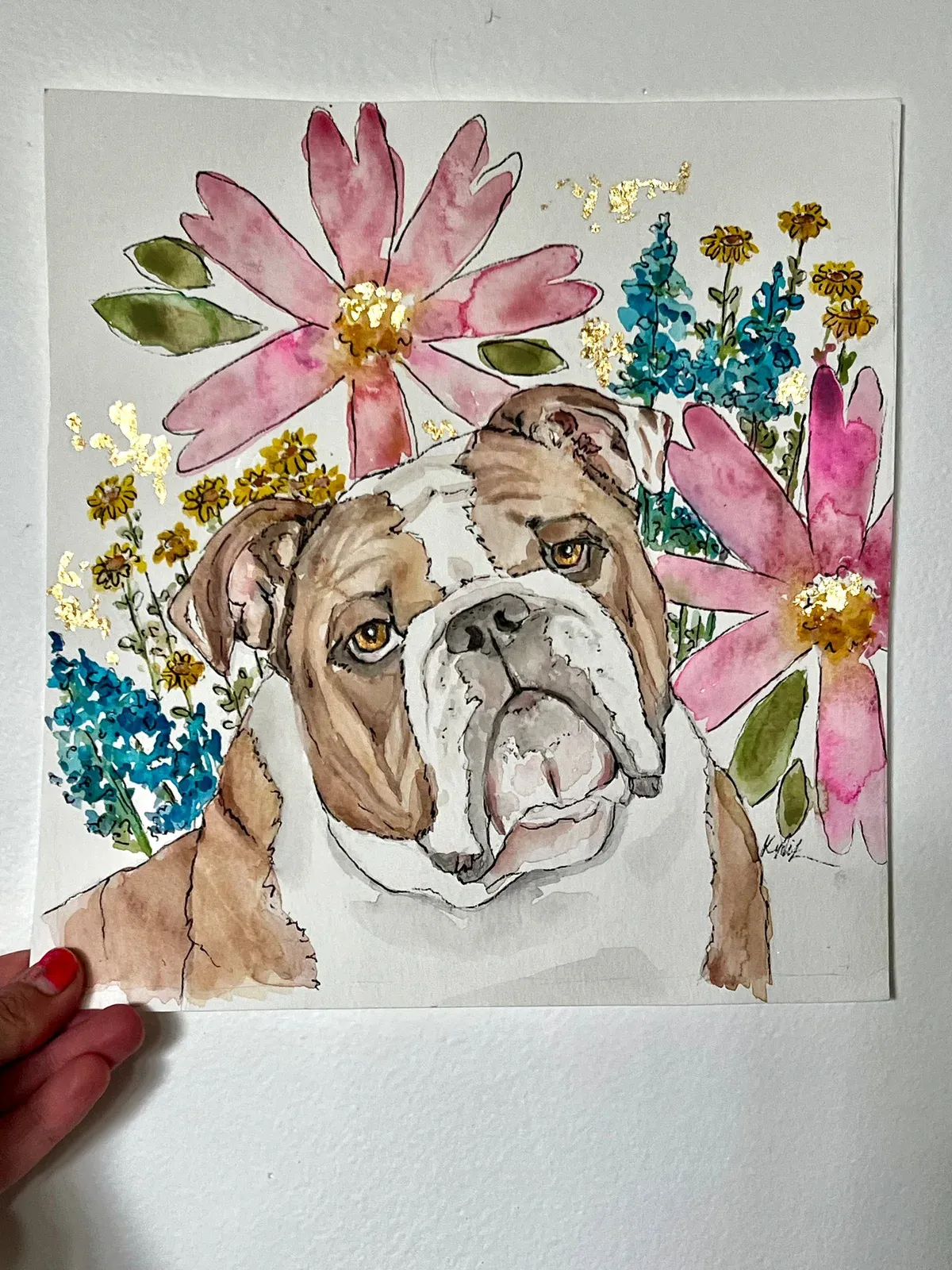Dog Portrait — Bulldog, hand-painted Original Art on paper and gilded in gold metal leaf, by Kelly Aiken