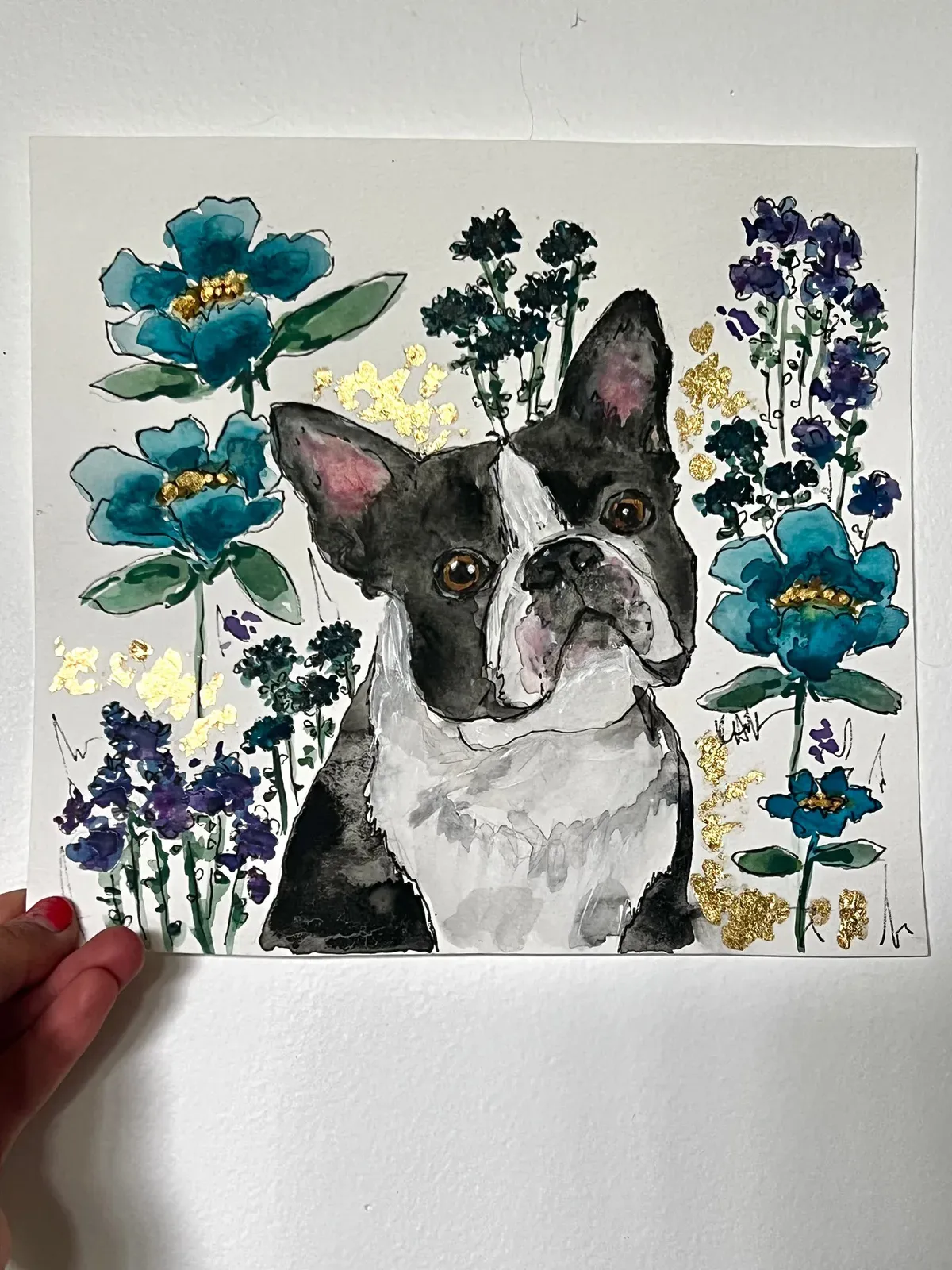 Dog Portrait — French Bulldog, hand-painted Original Art on paper and gilded in gold metal leaf, by Kelly Aiken