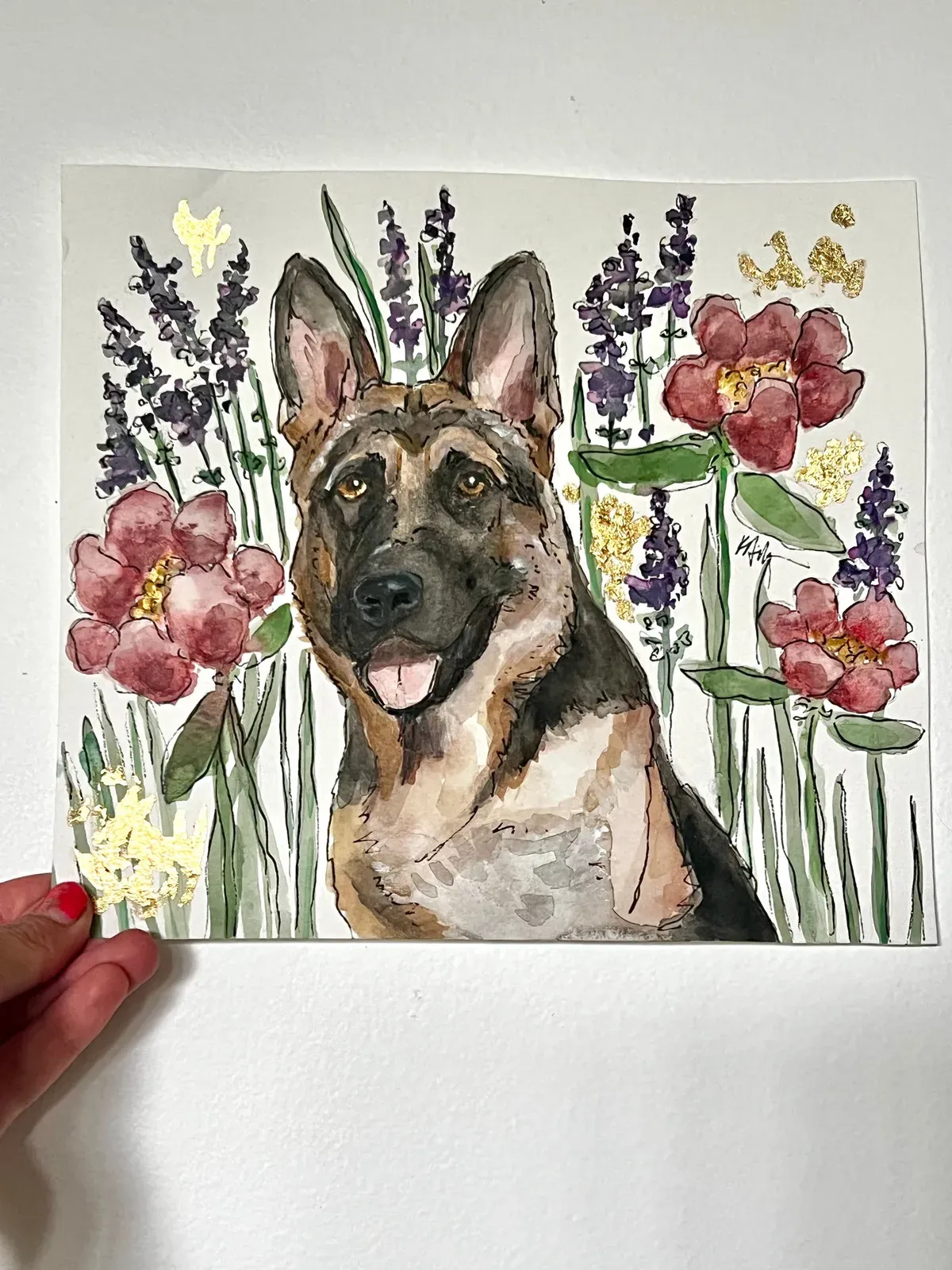 Dog Portrait — German Shepherd, hand-painted Original Art on paper and gilded in gold metal leaf, by Kelly Aiken