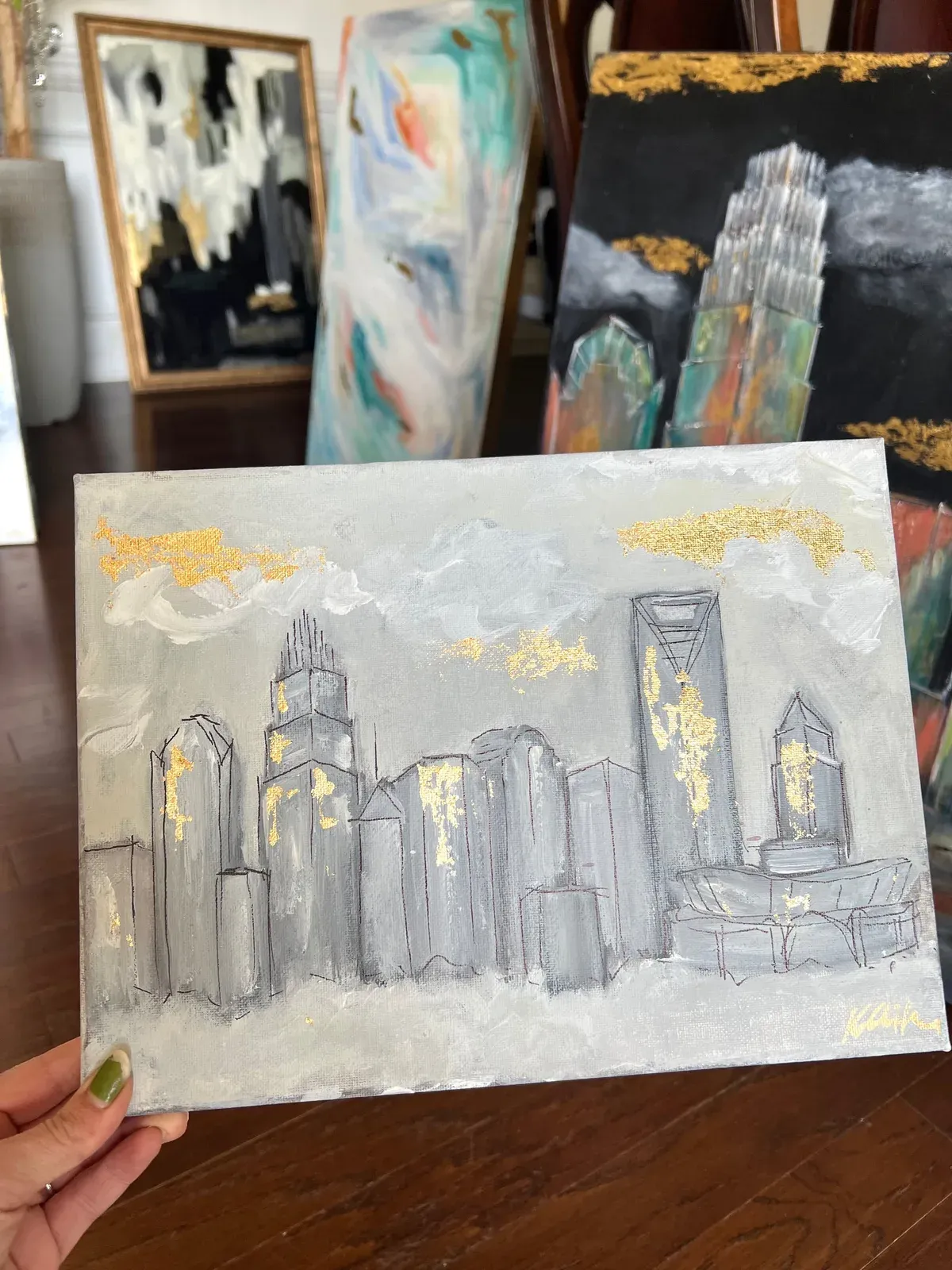 Mini CLT Skyline 2, hand-painted Acrylic Original Mini Charlotte Skyline Art on canvas, by Kelly Aiken