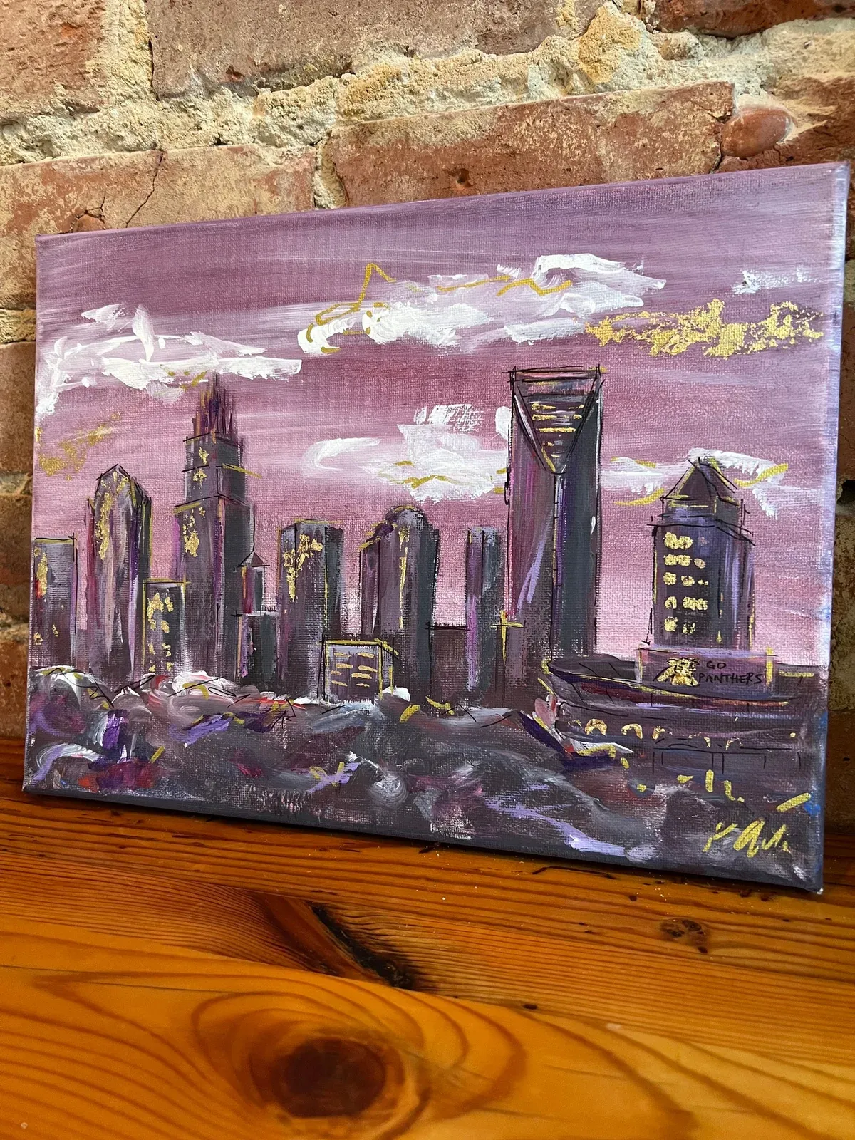 Purple and Gold CLT Skyline, hand-painted Acrylic Original Charlotte Skyline Art on canvas, by Kelly Aiken